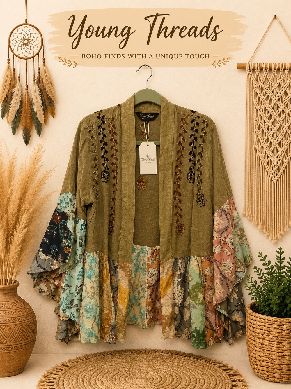 202 Young Threads Olive Boho Patchwork Ruffle Kimono Shrug